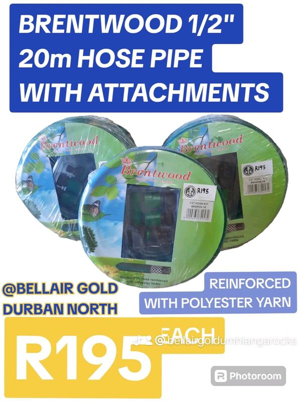 BRENTWOOD 20M 1/2&#34; HOSE PIPE WITH ATTACHMENTS