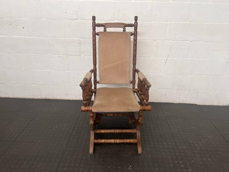 Antique Wooden Rocking Chair with Beige Fabric Seat-