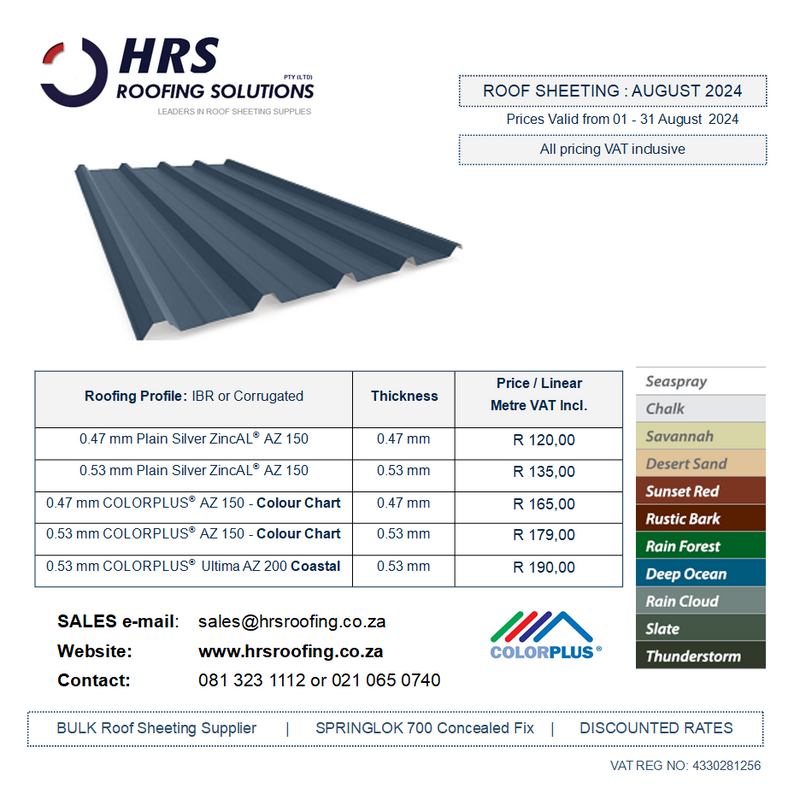 Roof Sheeting: IBR, Corrugated, Diamondek 407, Springlok 700 Zincalume or Colorbond Asbestos Removal