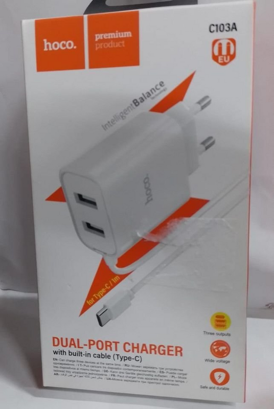 HOCO C103A DUAL - PORT CHARGER WITH BUILT - IN CABLE { TYPE - C }