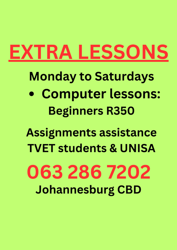 Extra Lessons: Computers beginners R350. Cell: 063 286 7202