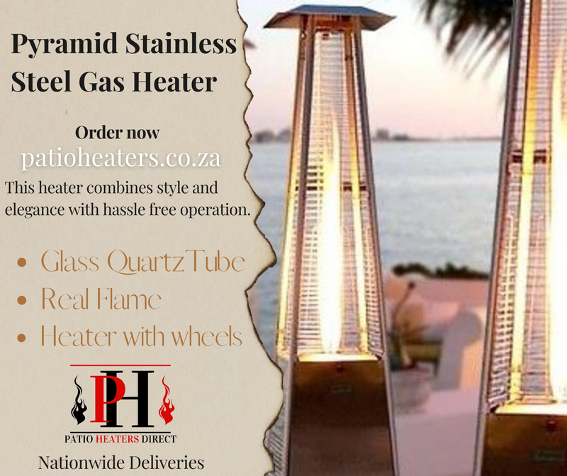 Pyramid style stainless steel patio heater.
