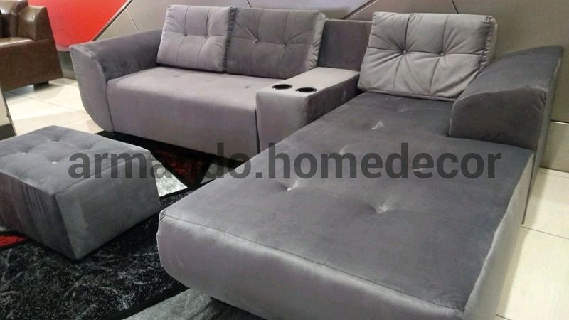 Grey velvet L shape sofa