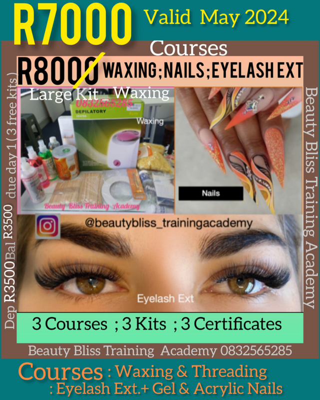 R7000 WAXING ; GEL AND ACRYLIC NAILS AND EYELASH EXT. COURSES.3 KITS.3 CERTIFICATES
