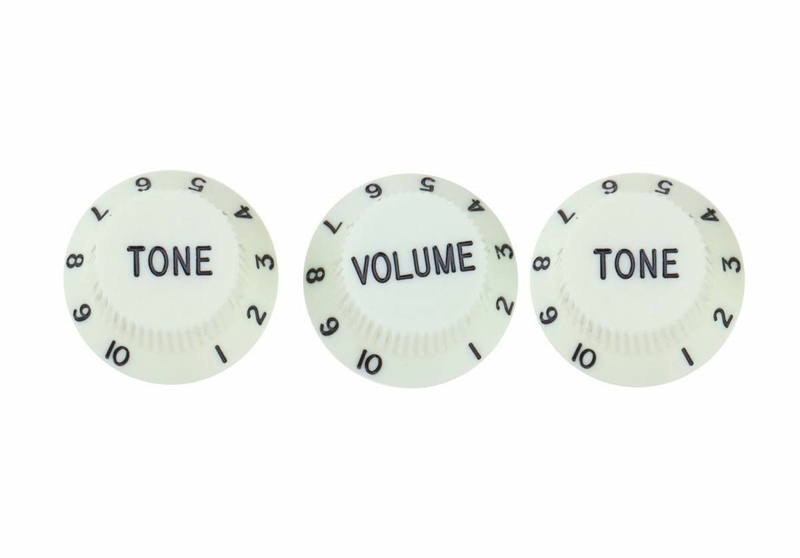 White Strat style guitar knobs with Black Text  – 1 x Volume, 2 x tone