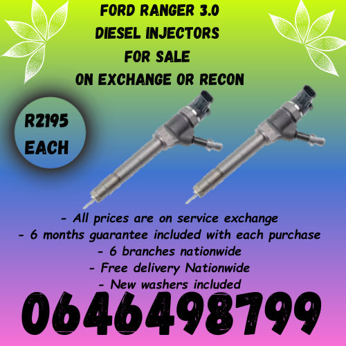 Ford Ranger 3.0 diesel injectors for sale on exchange 6 months warranty.