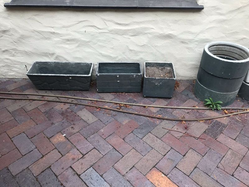 Smaller pots from R50 each, large rectangular planter R150, smaller R100, Aladin pot R200