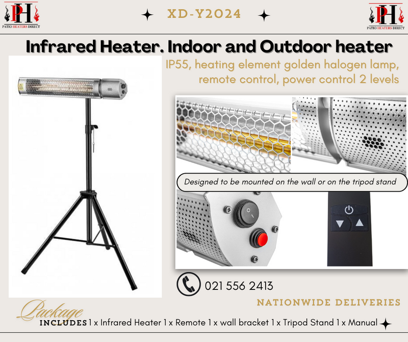 Radiant heater , IP55, heating element golden halogen lamp, remote control, power control 2 levels.