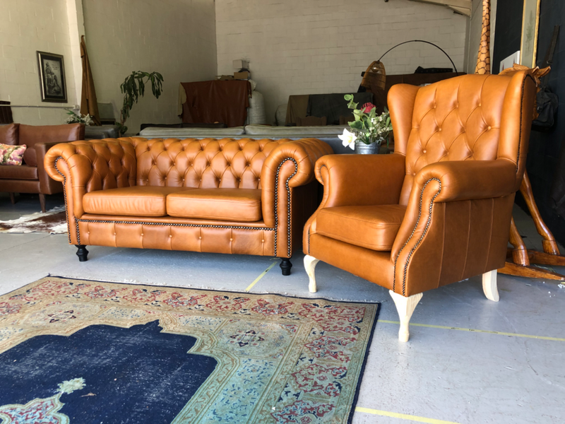 (ON PROMOTION) Brand new 2pc genuine leather Chesterfield lounge suite. (TWO SEATER &#43; WINGBACK)