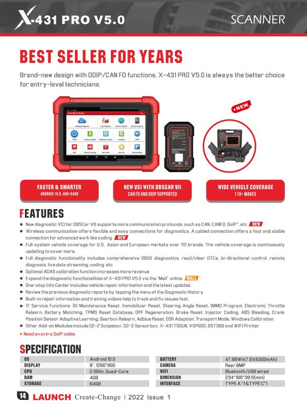 Pro 5 Smartlink C diagnostic scanner (Launch X-431) - powerful, 15 special functions and more