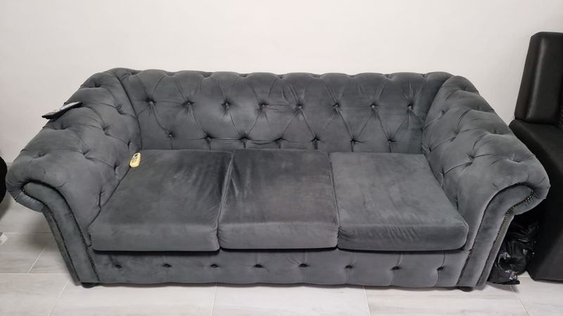 Chesterfield Grey Deep Cushioned 3 Seater  Couch