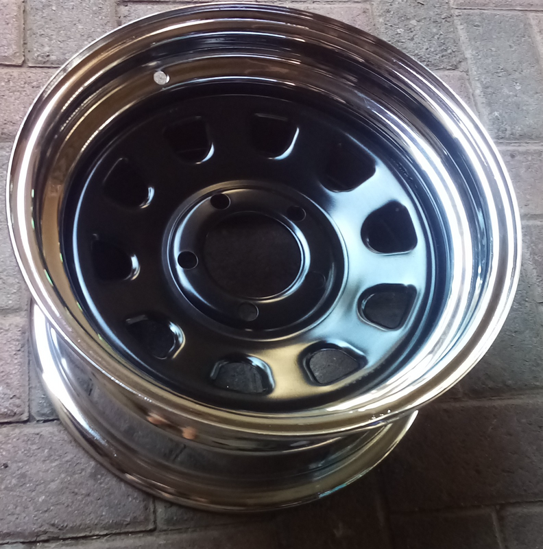 Brand new 14&#34; 5x114pcd(5 hole) black/chrome steel rims for older Hilux and GWM bakkies.