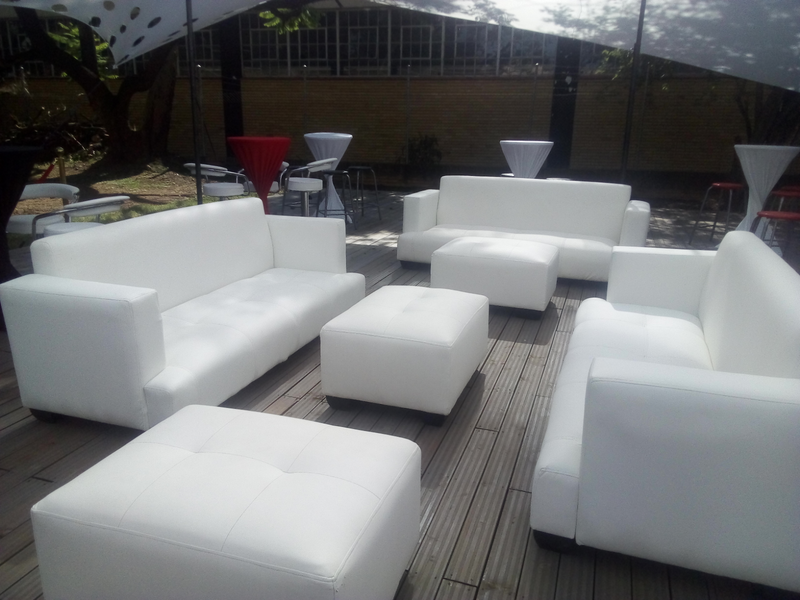 White VIP couches hire. Outdoor and indoor furniture hire and decor.