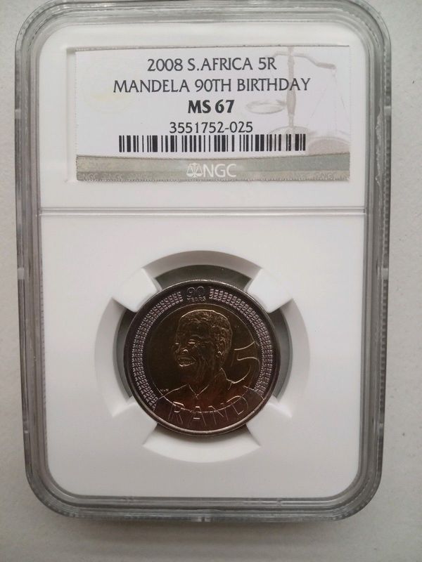R5 Graded gold MS67 coins  2008 Mandela 90th birthday capsulated coins .Rare coins Rare opportunity.