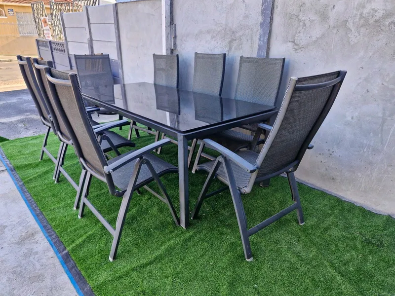 Stylish Eight Seater Outdoor Patio and Reclining Chairs - Modern Grey Patio Dining Suite