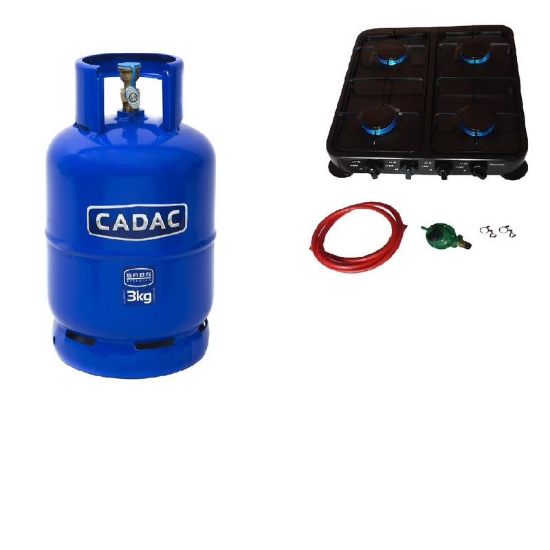 4 plate gas stove with fittings and Cadac 3kg gas bottle