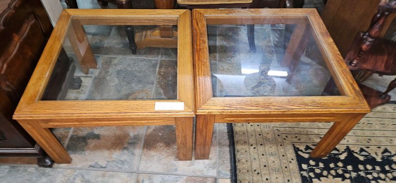2 x Oak Glass-top Side Tables EACH
