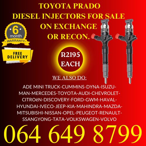 Toyota Prado diesel injectors for sale on exchange 6 months warranty.