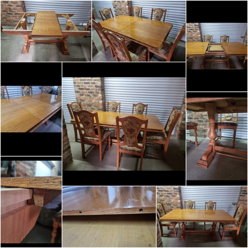 Extendable wood dining room table with 6 chairs