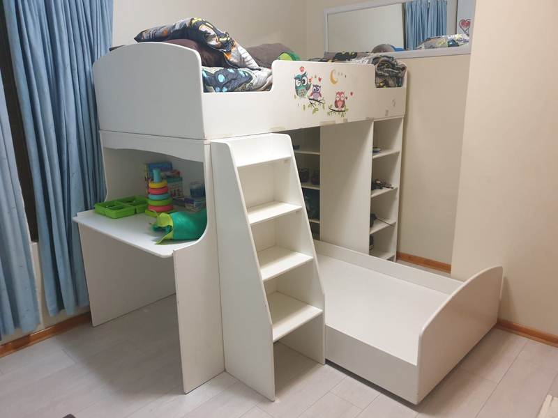 Single Bunk beds with desk and shelving space