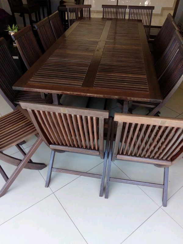 12 seater wooden patio table and chairs (plus 2 extra chairs)