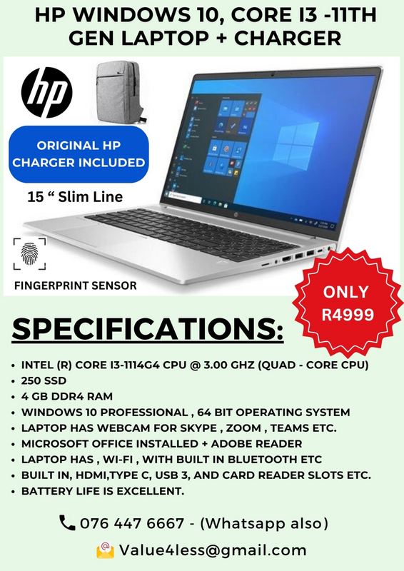 HP Windows 10 , Core i3 -11th Gen , 256ssd, Laptop, Charger, New Backpack-  Bargain Price R4999.