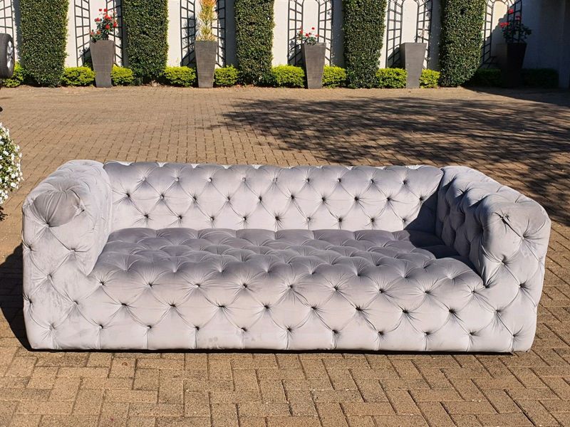 Grey Suede 3 seater Chesterfield Couch