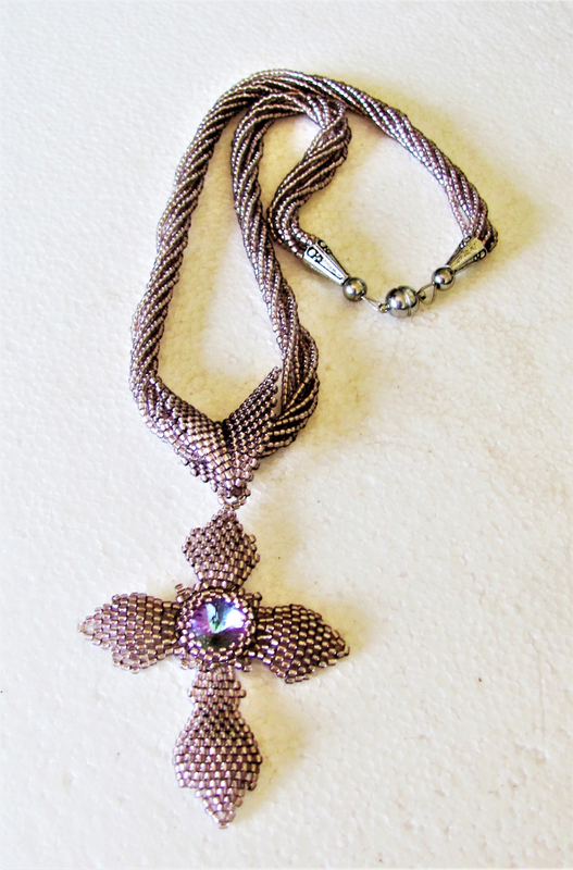 Beaded Handmade 2 in 1 - Amethyst Cross Pendant with a Swarovski Crystal Necklace