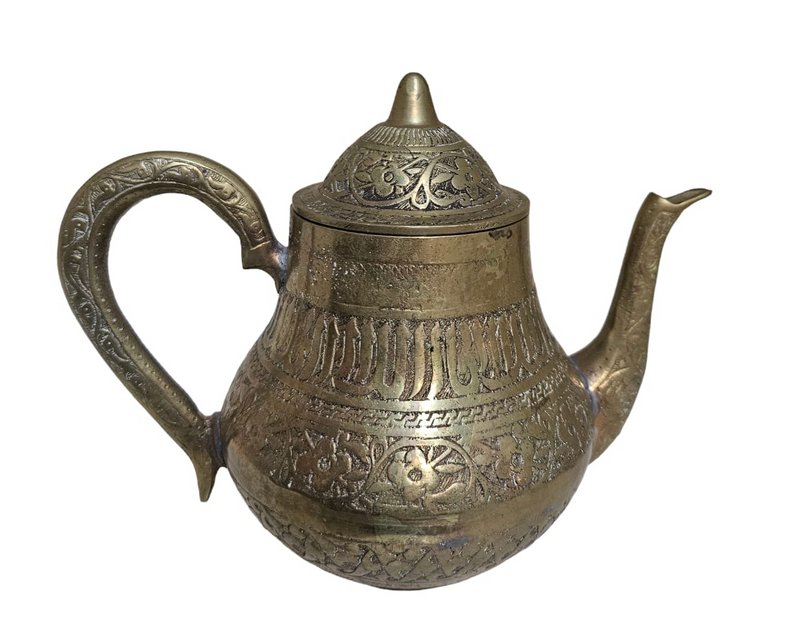 Heavy Turkish Antique etched brass teapot with beautiful floral and geometric patterns