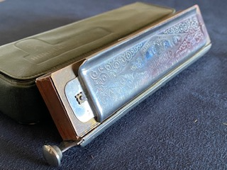 Antique M Hohner Harmonica, engraved, good weight, produces clear sounds