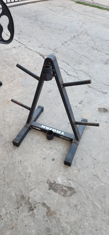 Trojan Gym Weight Plates Stack/Rack and Barbell Holder for Sale!