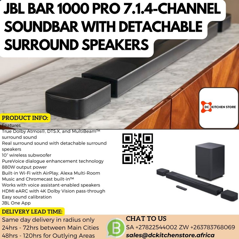 JBL BAR 1000 PRO 7.1.4-CHANNEL SOUNDBAR WITH DETACHABLE SURROUND SPEAKERS, MULTIBEAM
