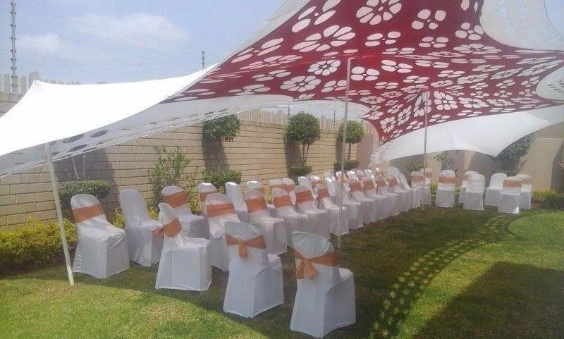Plastic chairs with covers and tie backs, Any color stretch tent and tables hire