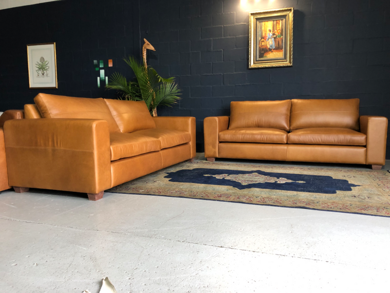 (ON PROMOTION) Brand new 2pc genuine leather CHOBE lounge suite. (2 x 2.2m LARGE THREE SEATER SOFAS)