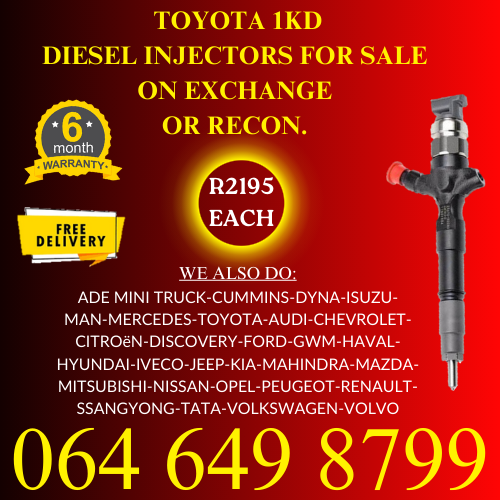 Toyota 1KD diesel injectors for sale - 6 months warranty.