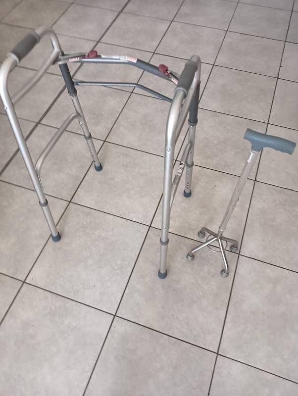 Folding aluminium walker with 2 push buttons plus walking stick