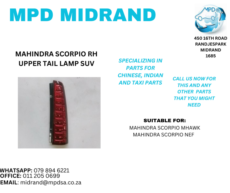 Mahindra Scorpio NEF &amp; MHAWK - RH Upper Tail Lamp SUV