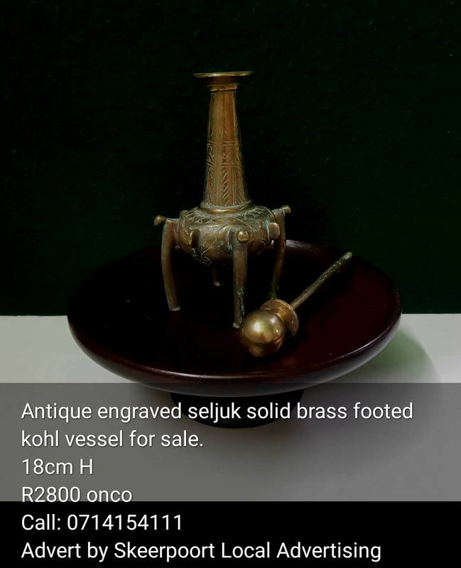 Antique engraved seljuk solid brass footed kohl vessel for sale.