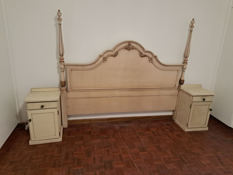 URGENT, PRICED TO SALE IT FAST: French headboard, full wood, crafted with pedestals, sideboard R2800