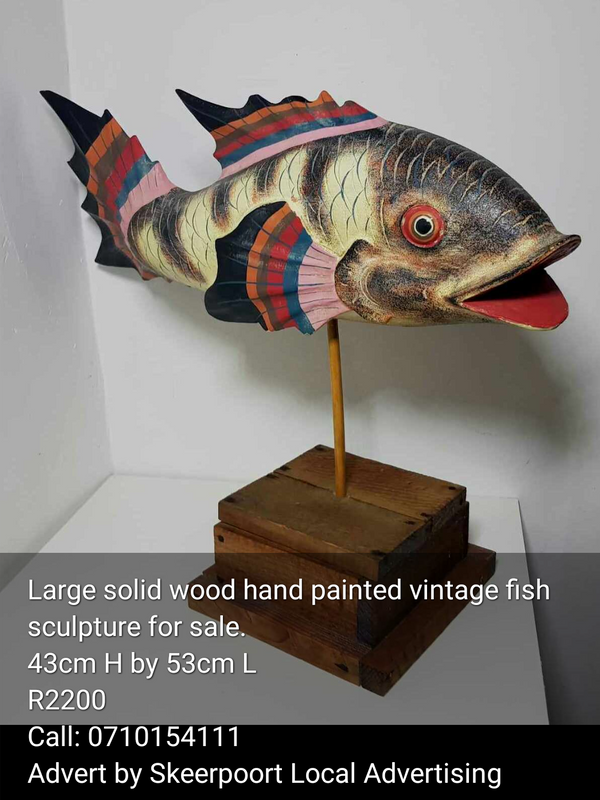 Large solid wood hand painted vintage fish sculpture for sale