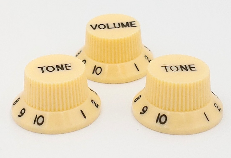 Cream with Black Writing Strat style replacement knob set – 1 Volume, 2 tone