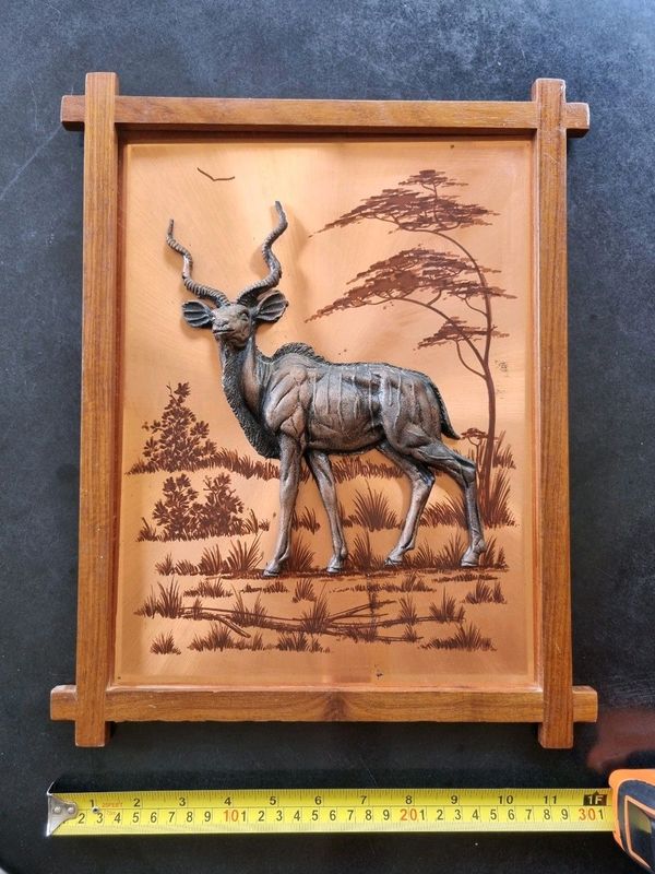 Vintage 3D Copper Kudu in wood frame
