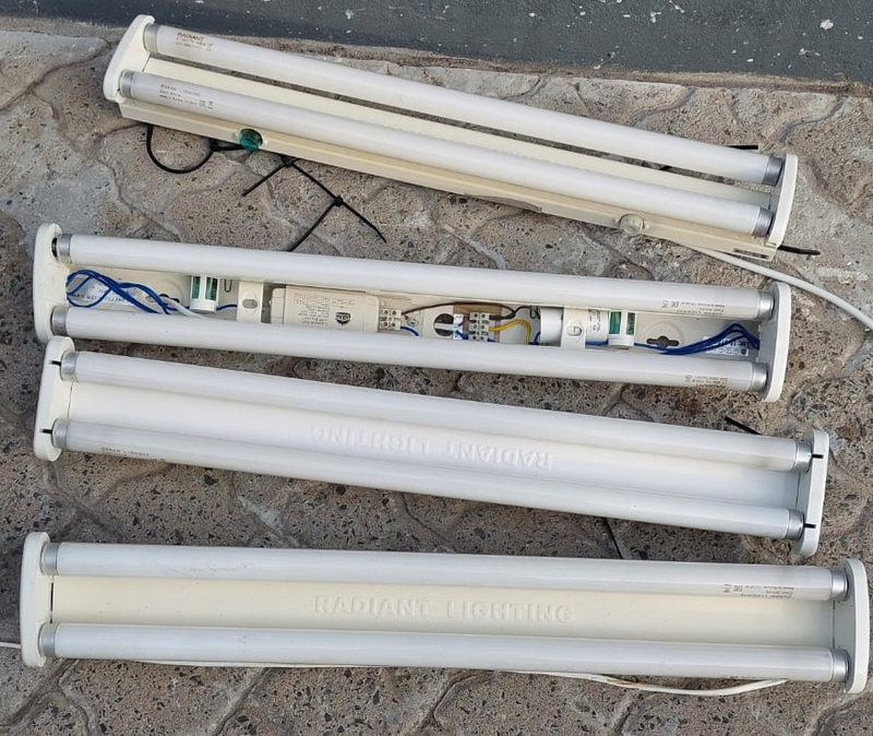 Fluorescent light fittings, 36W (2 x 18W) with tubes x 4. R200 for all.