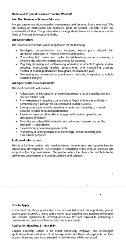 Maths and Physical Sciences Teacher Wanted Immiditeley