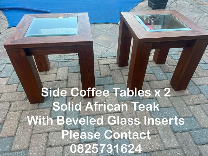 Coffee Side Tables x2 -Solid &amp; Heavy African Teak with Beveled Glass Inserts- Excellent