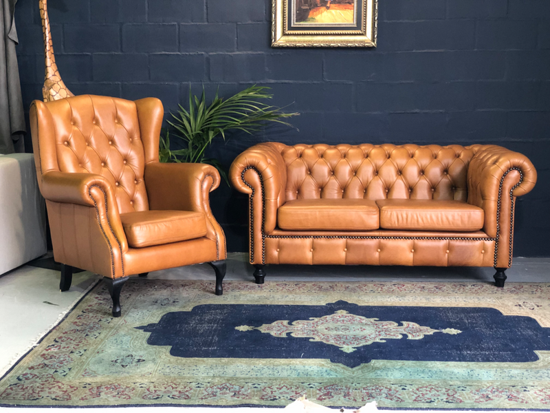(ON PROMOTION) Brand new 2pc genuine leather Chesterfield lounge suite (TWO SEATER &#43; WINGBACK)