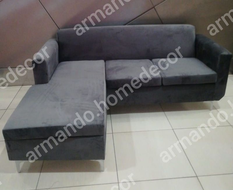New grey velvet corner couch with metal legs