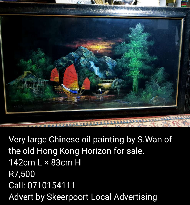 Vintage large Chinese oil painting by S.Wan of old Hong Kong Horizon for sale.