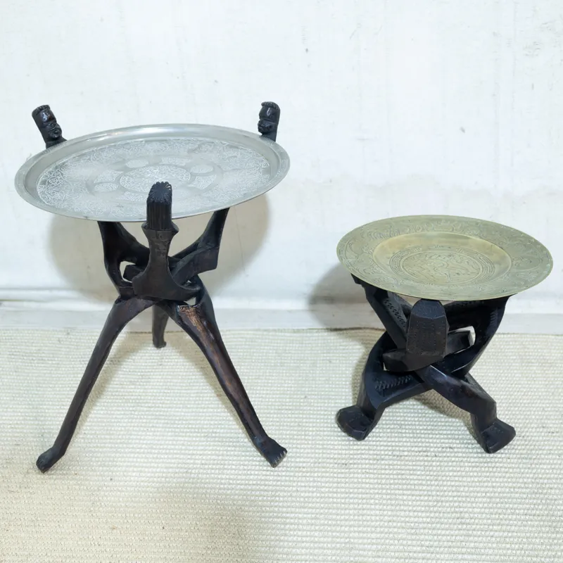 2x Carved African Base &amp; Metal Tray Top Side Tables