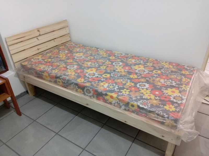 Brand new pine single bed with headboard and mattress R1600